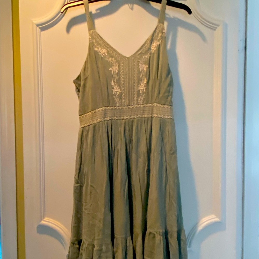 Beautiful sage green casual dress with white embroidered bodice and waist